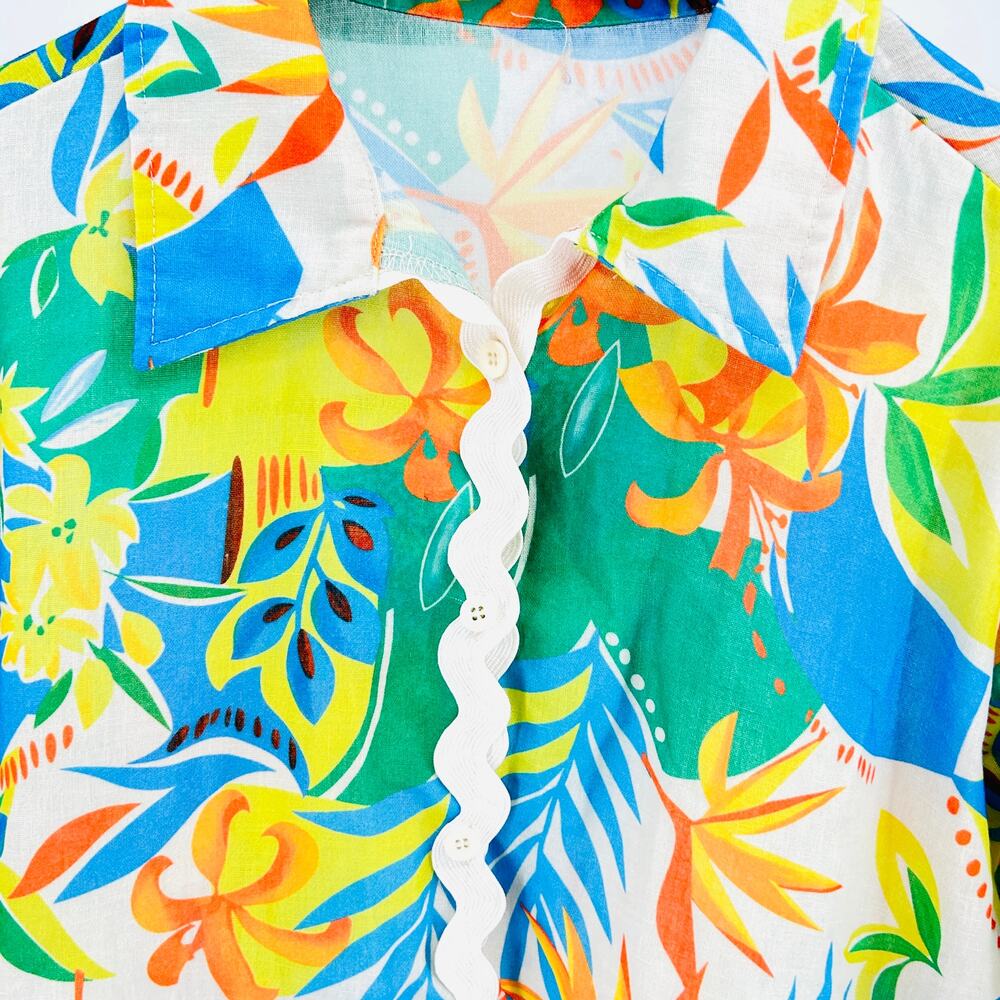 Vintage 70s Handmade Multicolor 100% Cotton Tropical Ric Rac Button Down Shirt - Picture 2 of 8